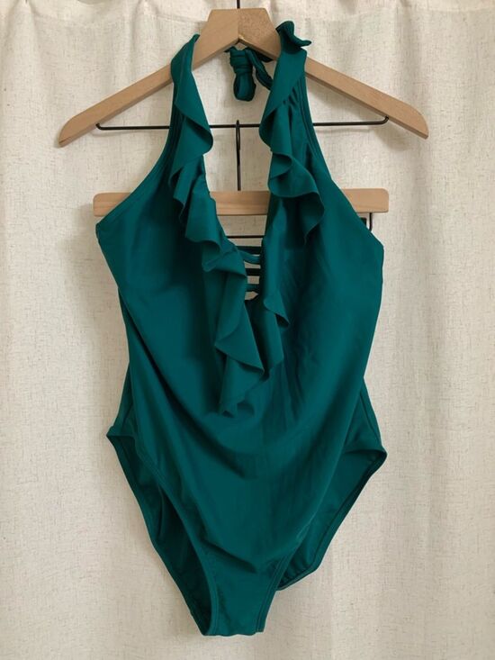 Bleu Rod Beattie Other - Bleu Rod Beattie Let Loose Teal Ruffle Halter Plunge Neck One Piece Swimsuit 12